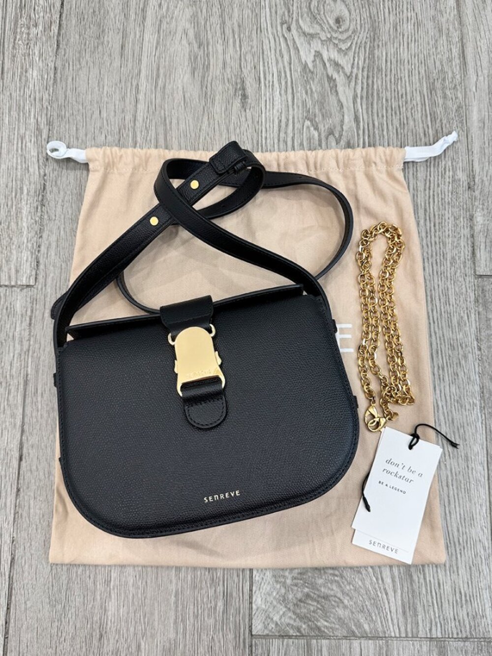 Senreve Cadence Crossbody w Gold Chain - Pebbled Black Leather - Like New